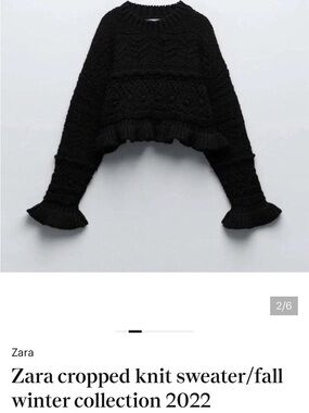Zara Black Cropped Cable-Knit Sweater with Ruffle Cuffs